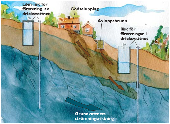 Bild som beskriver ett tvärsnitt med grävda och borrade brunnar där de vänstra ligger uppströms grundvattnets strömningsriktning och de högre träffas av föroreningar från gödselupplag och avloppsbrunn.